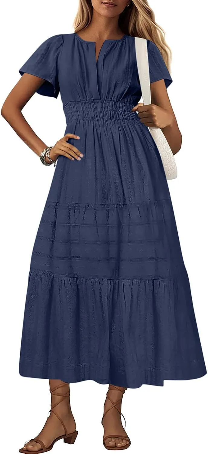 2025 Women V Neck Shirt Dress Summer Short Sleeve Casual Vacation Dresses Cut-Out Embroidered Eyelet Tiered Midi Dress
