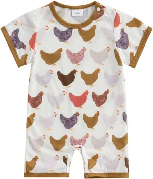 Baby Boy Girl Jumpsuit Short Sleeve Crew Neck Chicken Print Summer Loose Fit Romper Cute Clothes