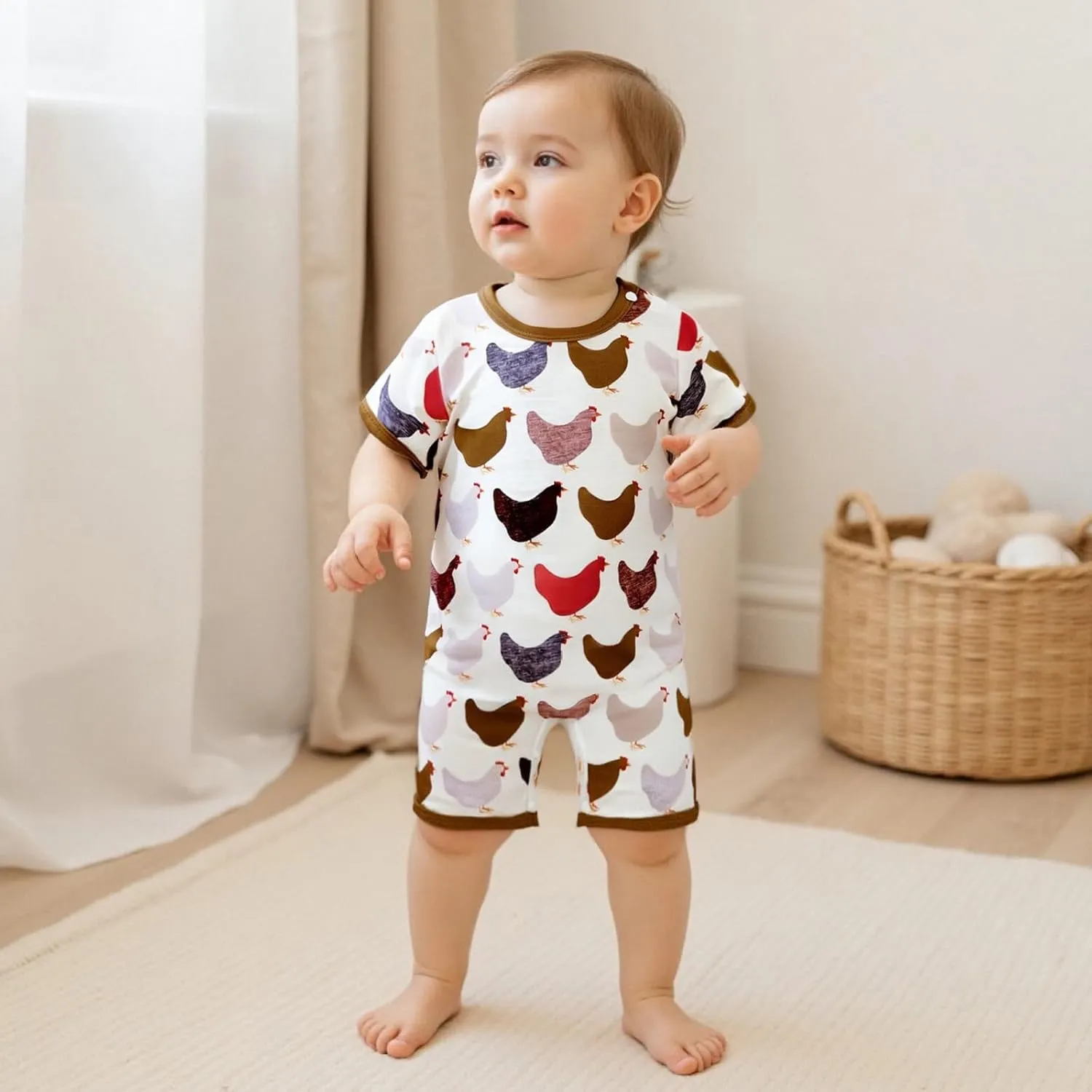 Baby Boy Girl Jumpsuit Short Sleeve Crew Neck Chicken Print Summer Loose Fit Romper Cute Clothes