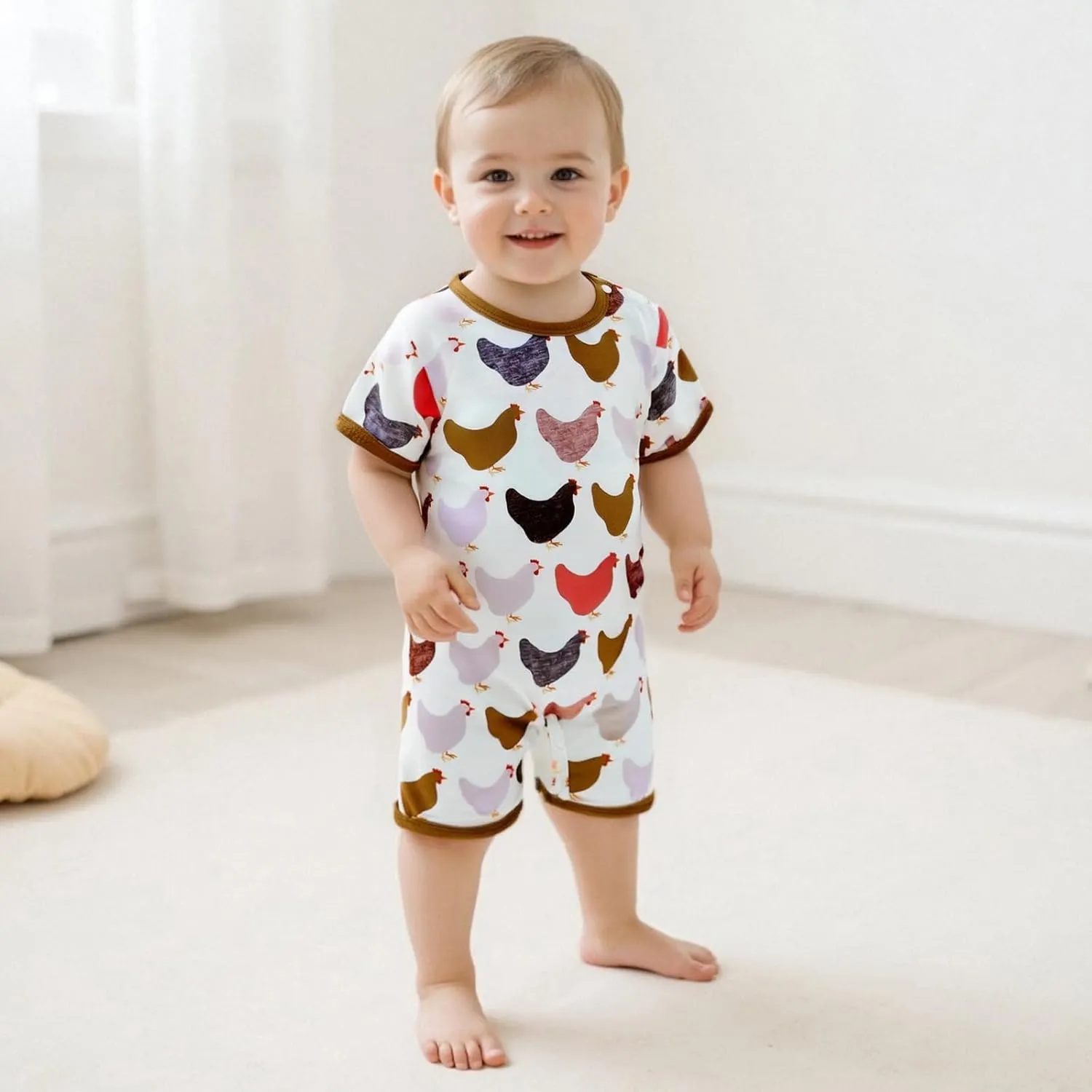 Baby Boy Girl Jumpsuit Short Sleeve Crew Neck Chicken Print Summer Loose Fit Romper Cute Clothes