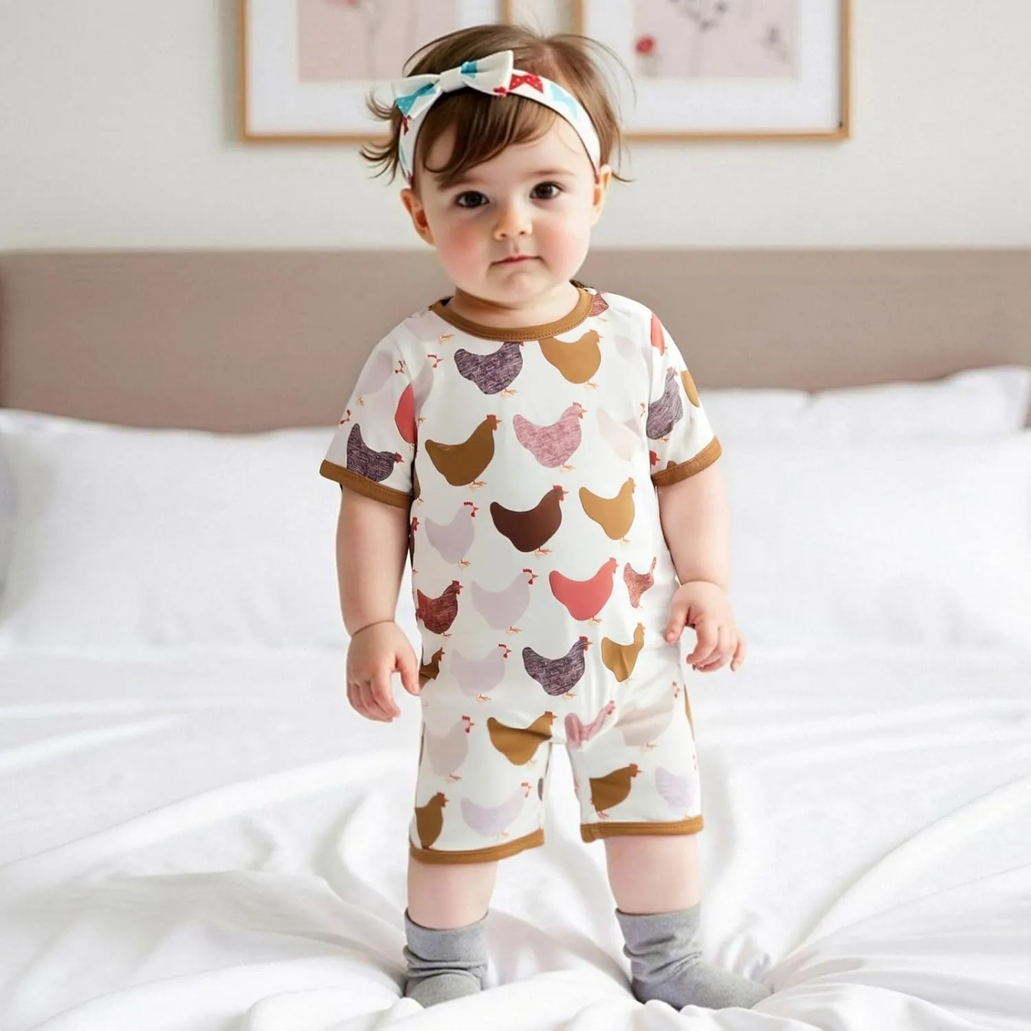 Baby Boy Girl Jumpsuit Short Sleeve Crew Neck Chicken Print Summer Loose Fit Romper Cute Clothes