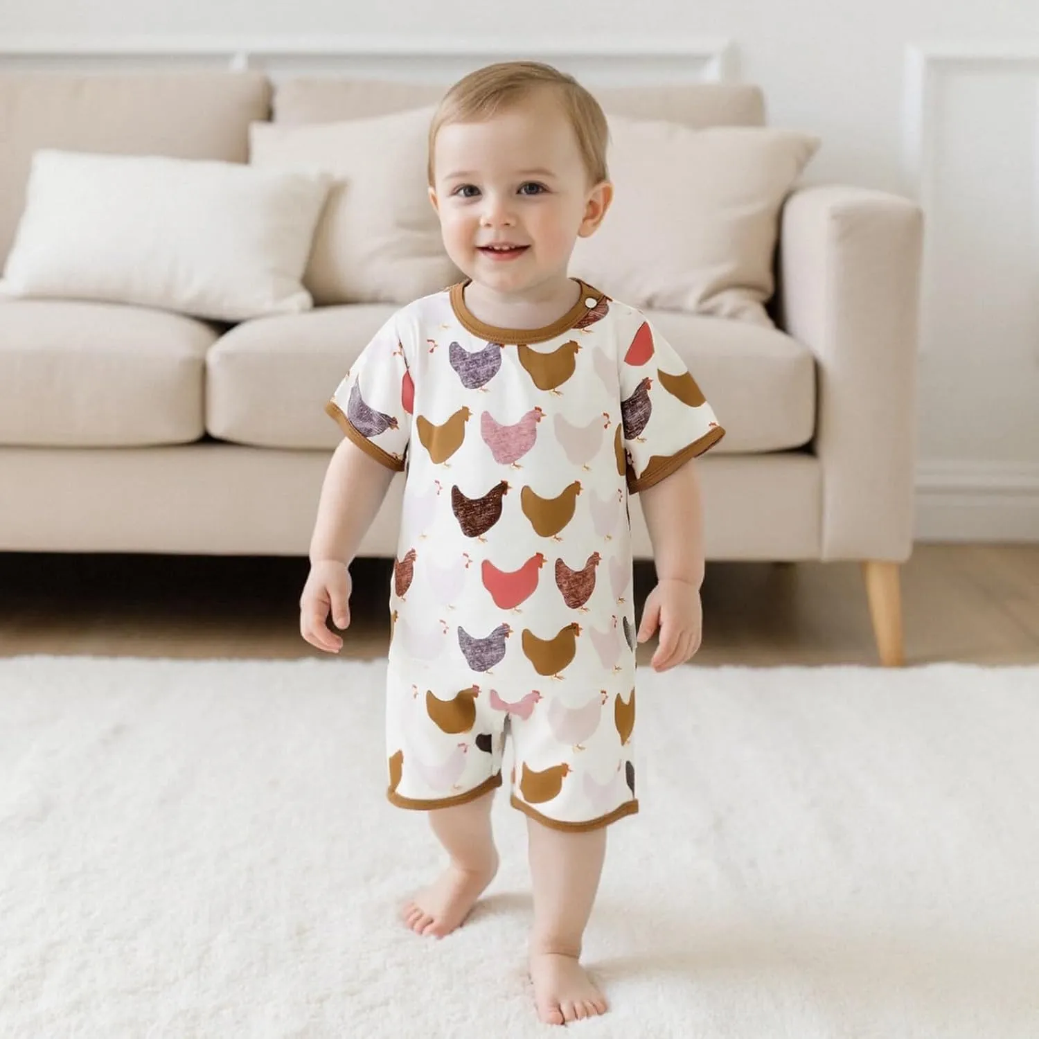 Baby Boy Girl Jumpsuit Short Sleeve Crew Neck Chicken Print Summer Loose Fit Romper Cute Clothes
