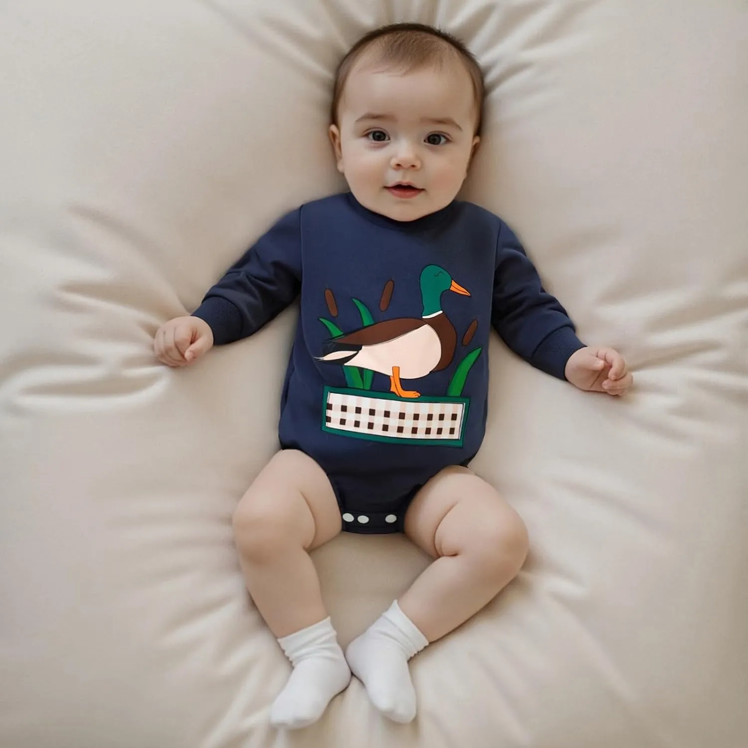 Baby Boy Romper Loose Fit Duck Print Crew Neck Long Sleeve Infant Boy Jumpsuit