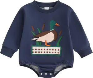Baby Boy Romper Loose Fit Duck Print Crew Neck Long Sleeve Infant Boy Jumpsuit