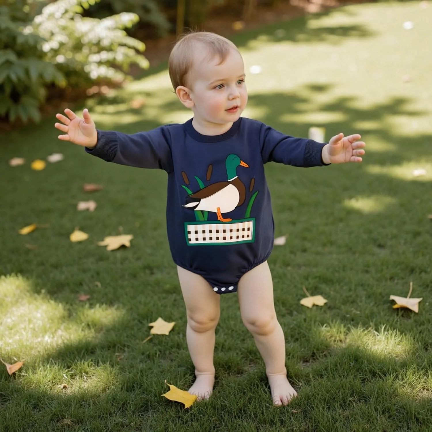 Baby Boy Romper Loose Fit Duck Print Crew Neck Long Sleeve Infant Boy Jumpsuit