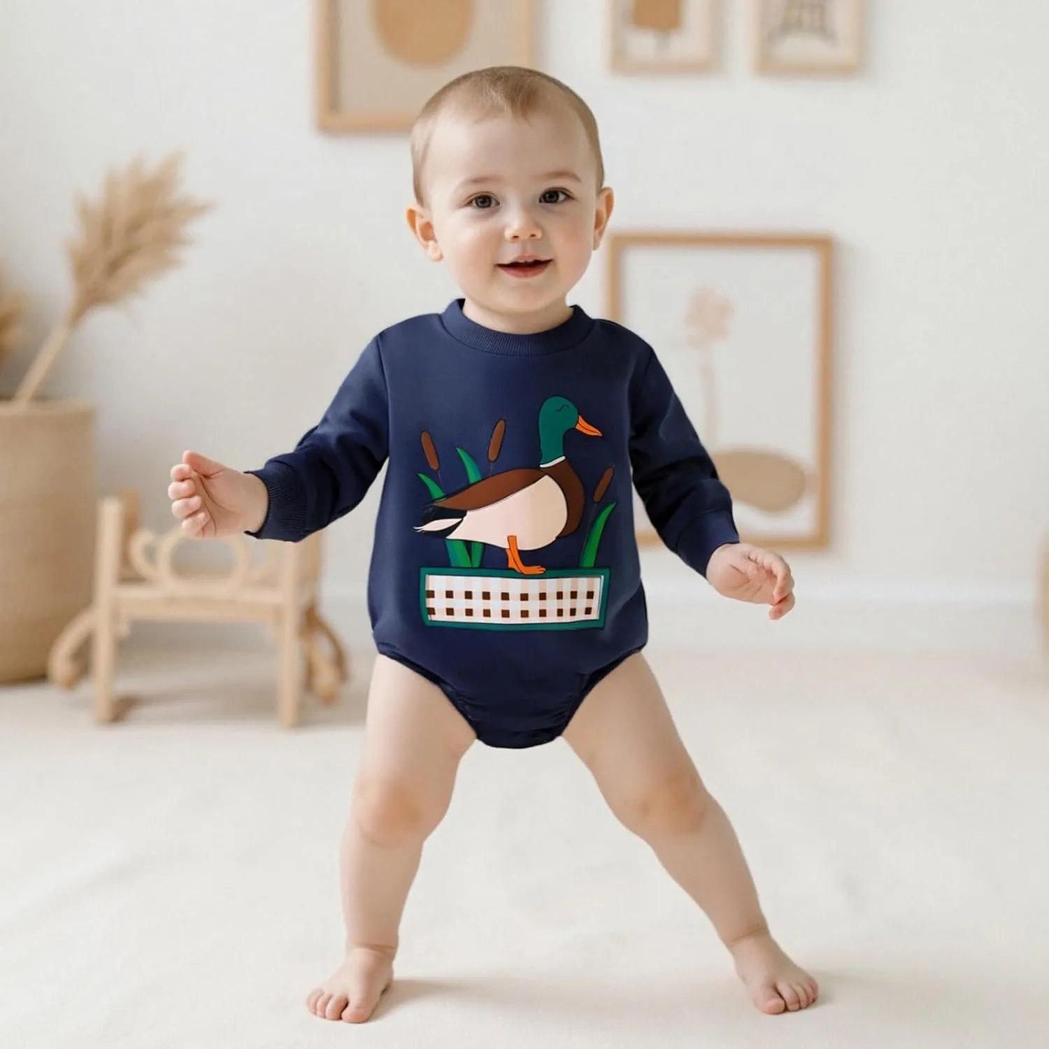 Baby Boy Romper Loose Fit Duck Print Crew Neck Long Sleeve Infant Boy Jumpsuit