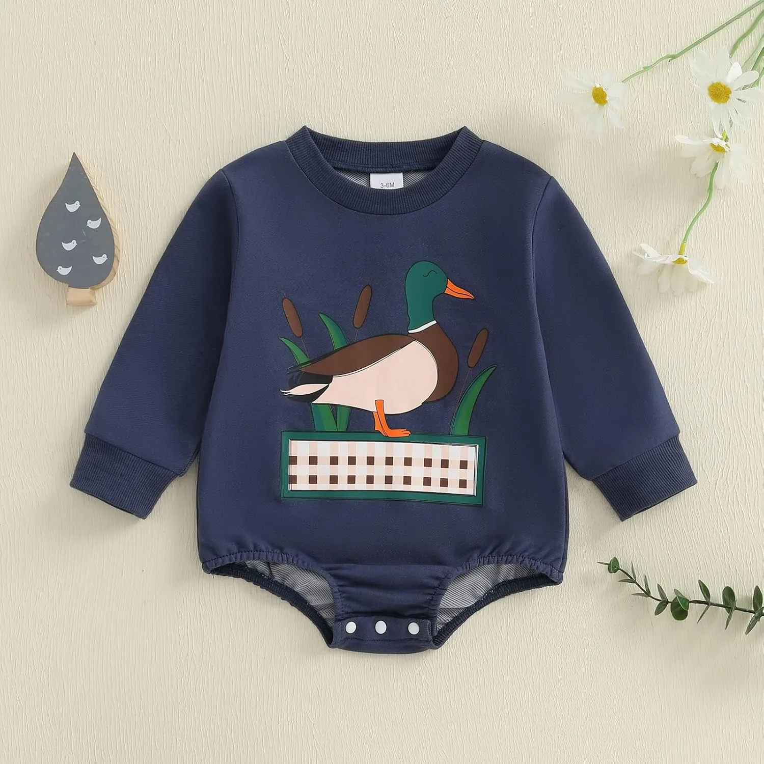Baby Boy Romper Loose Fit Duck Print Crew Neck Long Sleeve Infant Boy Jumpsuit