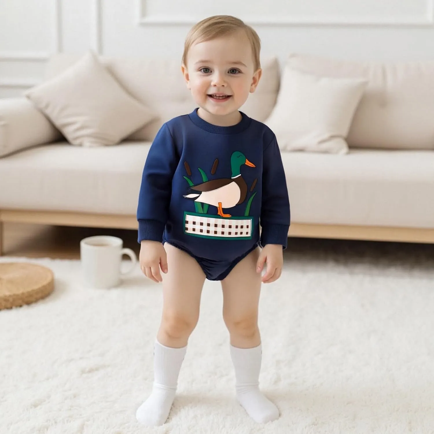 Baby Boy Romper Loose Fit Duck Print Crew Neck Long Sleeve Infant Boy Jumpsuit