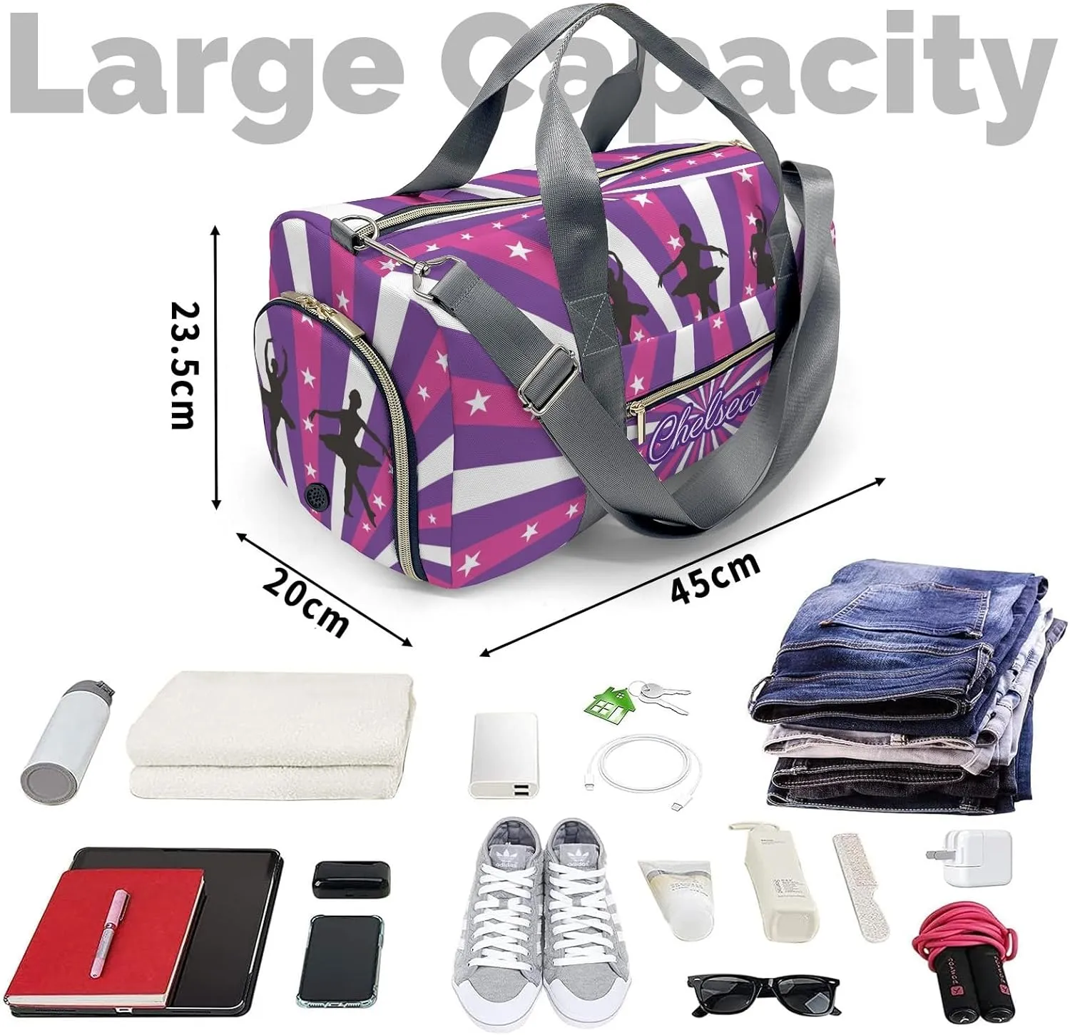 Ballerina Purple Glitter Stars Personalized Duffel Bag Custom Name Travel Bag Weekend Overnight Bag with Shoe Compartmen for Women Girl Sports Gym Dance Bag Gymnastic Bags