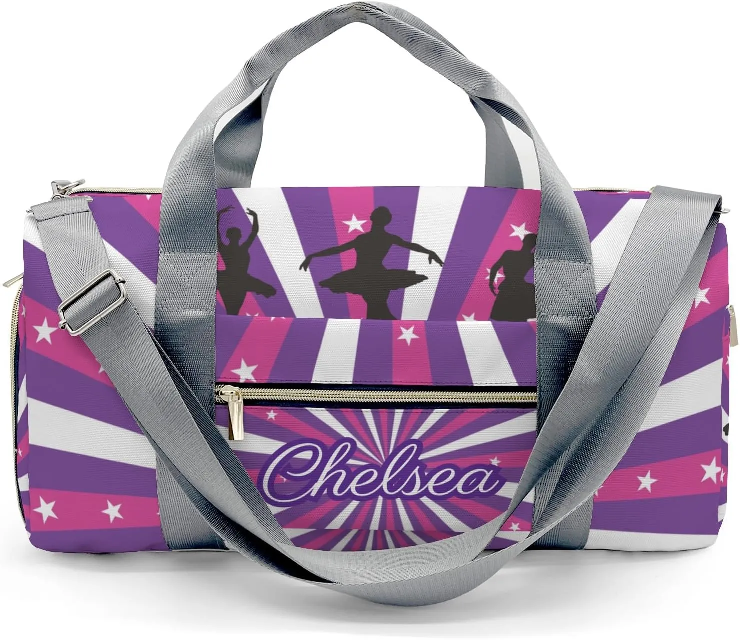 Ballerina Purple Glitter Stars Personalized Duffel Bag Custom Name Travel Bag Weekend Overnight Bag with Shoe Compartmen for Women Girl Sports Gym Dance Bag Gymnastic Bags
