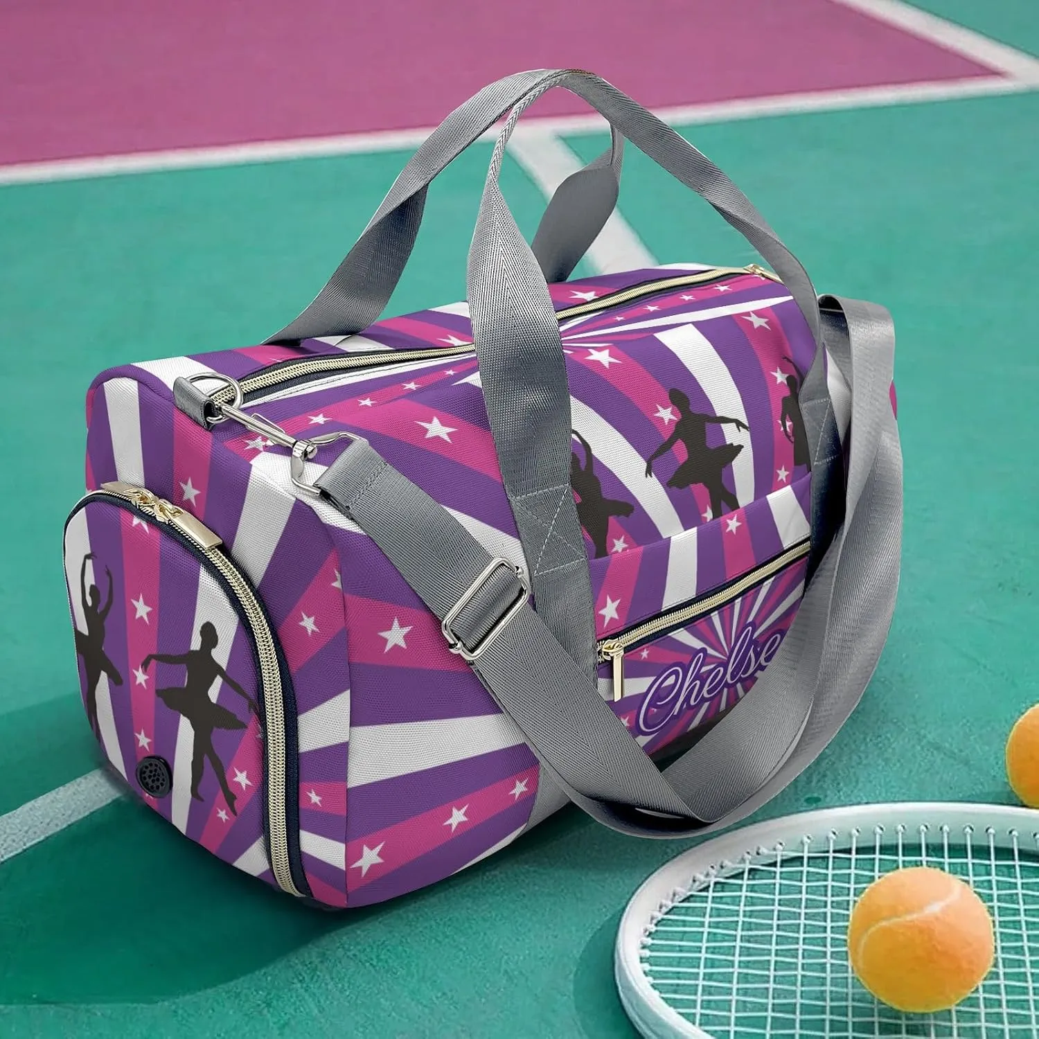 Ballerina Purple Glitter Stars Personalized Duffel Bag Custom Name Travel Bag Weekend Overnight Bag with Shoe Compartmen for Women Girl Sports Gym Dance Bag Gymnastic Bags
