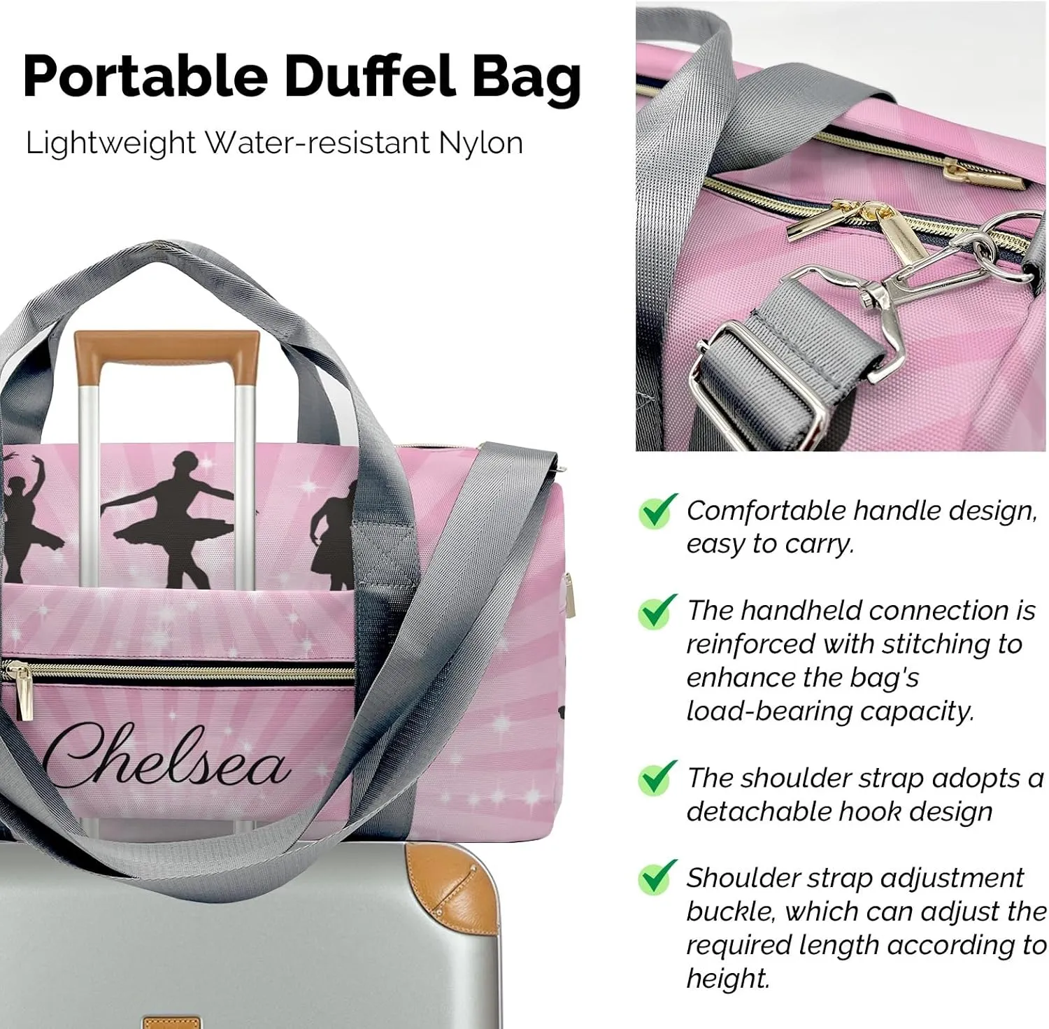 Ballet Girl Glitter Pink Star Personalized Duffel Bag Custom Name Travel Bag Weekend Overnight Bag with Shoe Compartmen for Women Girl Sports Gym Dance Bag Gymnastic Bags