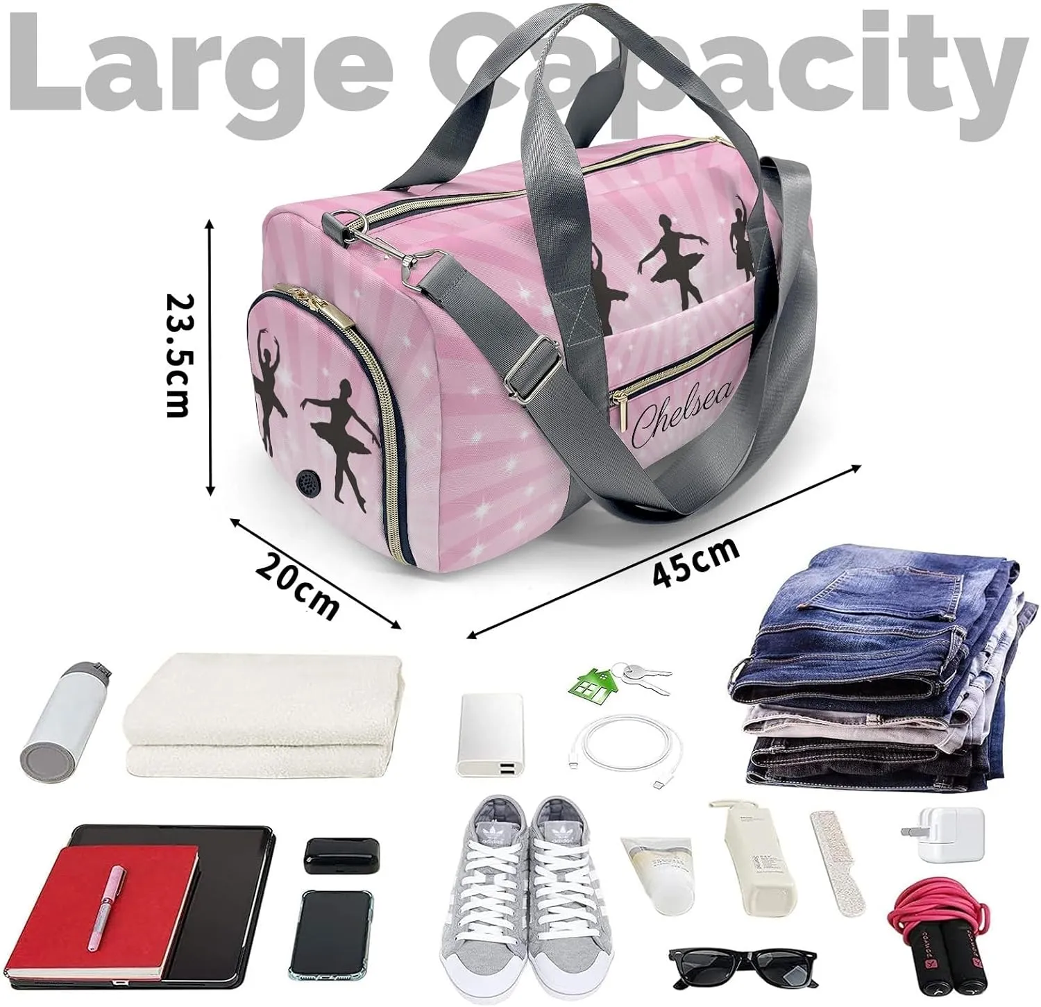 Ballet Girl Glitter Pink Star Personalized Duffel Bag Custom Name Travel Bag Weekend Overnight Bag with Shoe Compartmen for Women Girl Sports Gym Dance Bag Gymnastic Bags