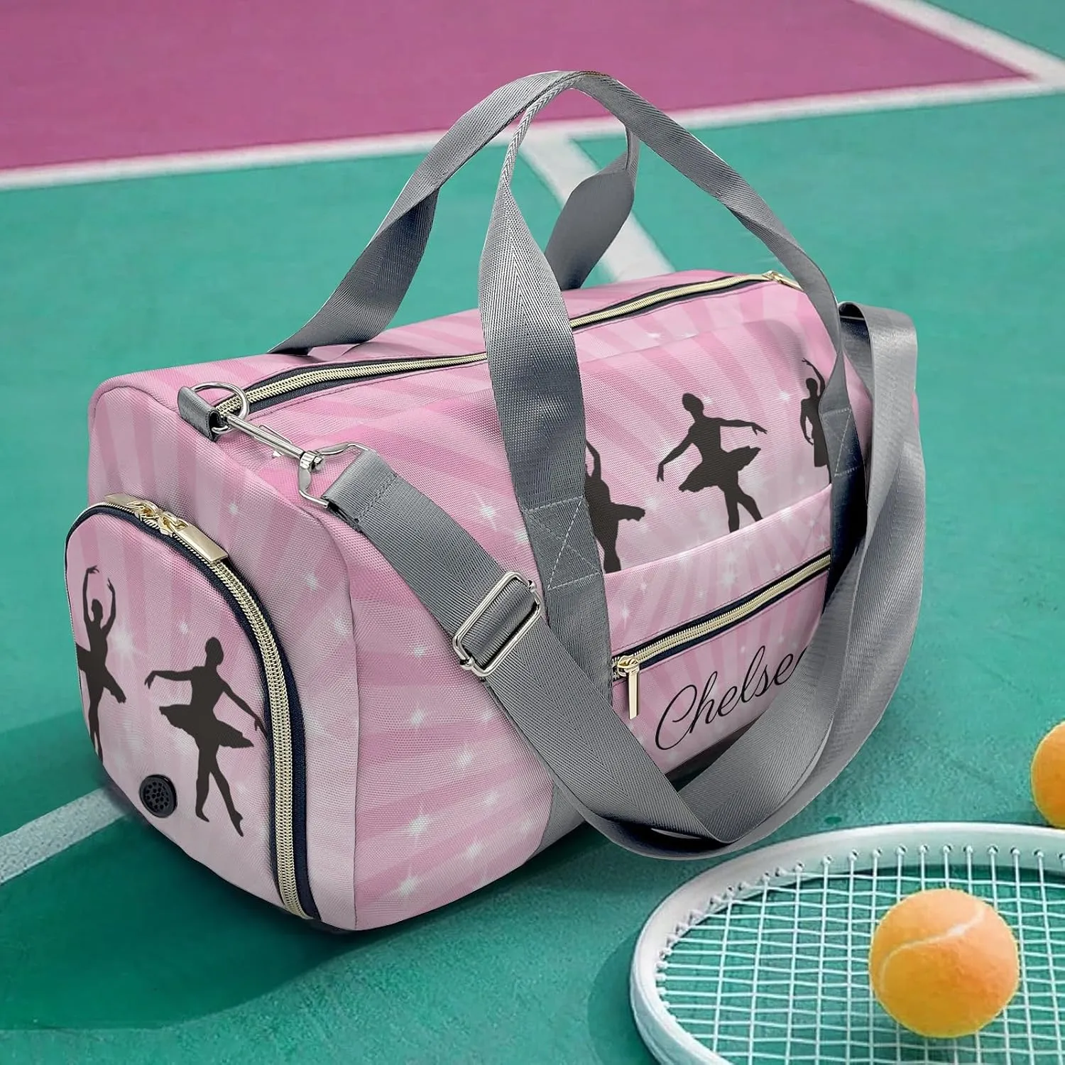 Ballet Girl Glitter Pink Star Personalized Duffel Bag Custom Name Travel Bag Weekend Overnight Bag with Shoe Compartmen for Women Girl Sports Gym Dance Bag Gymnastic Bags