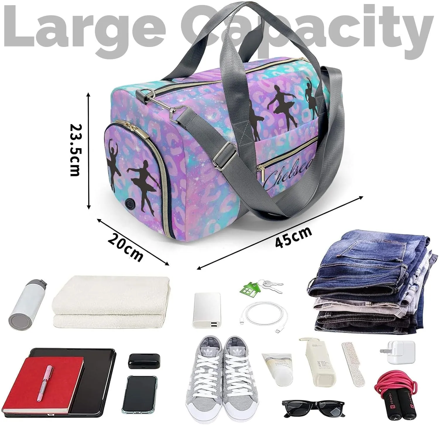 Ballet Girls Leopard Personalized Duffel Bag Custom Name Travel Bag Weekend Overnight Bag with Shoe Compartmen for Women Girl Sports Gym Dance Bag Gymnastic Bags