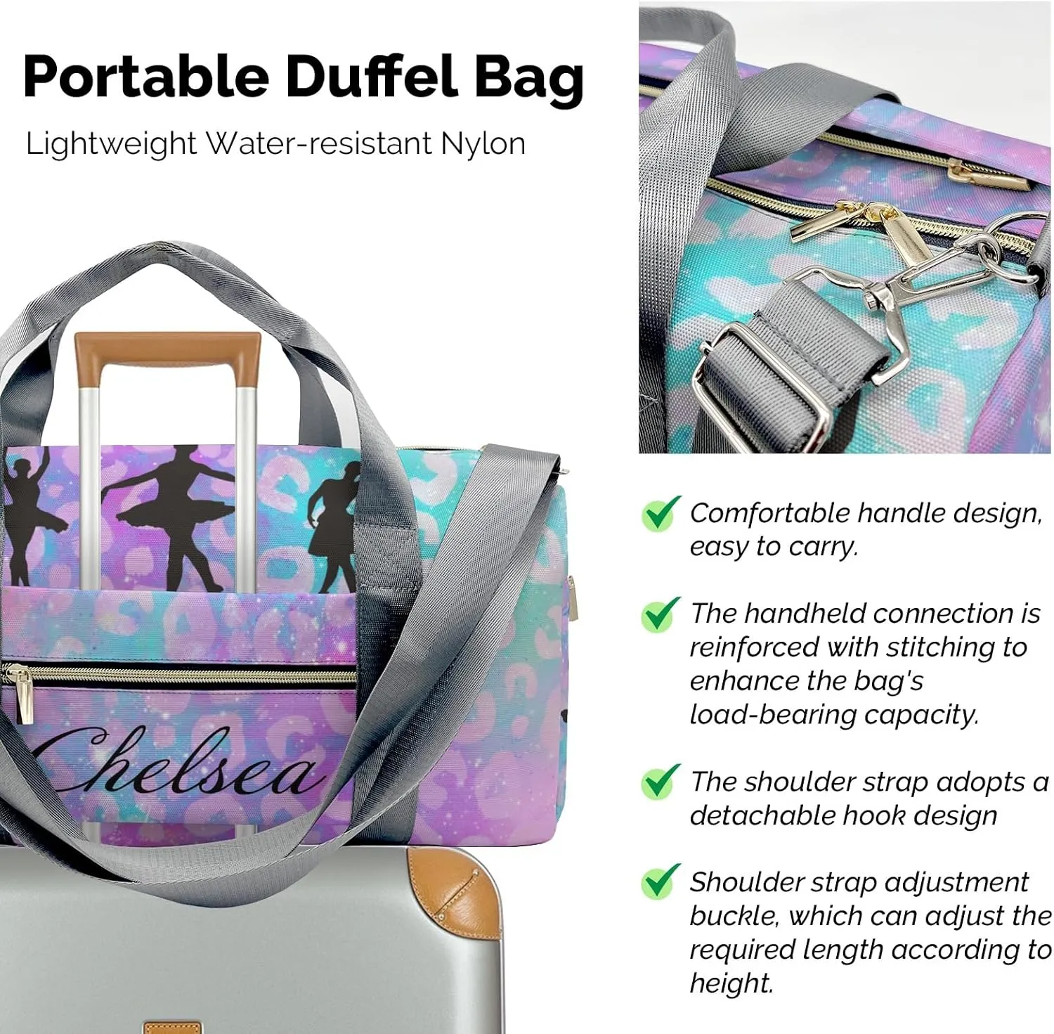 Ballet Girls Leopard Personalized Duffel Bag Custom Name Travel Bag Weekend Overnight Bag with Shoe Compartmen for Women Girl Sports Gym Dance Bag Gymnastic Bags