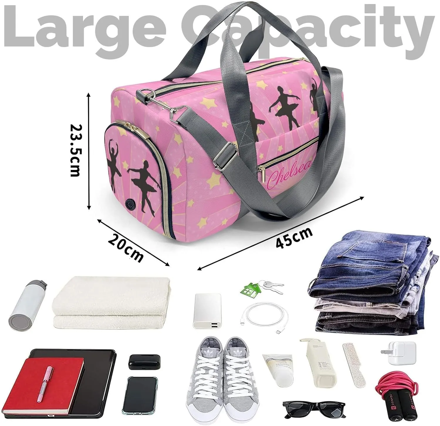 Ballet Girls Pink Yellow Stars Personalized Duffel Bag Custom Name Travel Bag Weekend Overnight Bag with Shoe Compartmen for Women Girl Sports Gym Dance Bag Gymnastic Bags