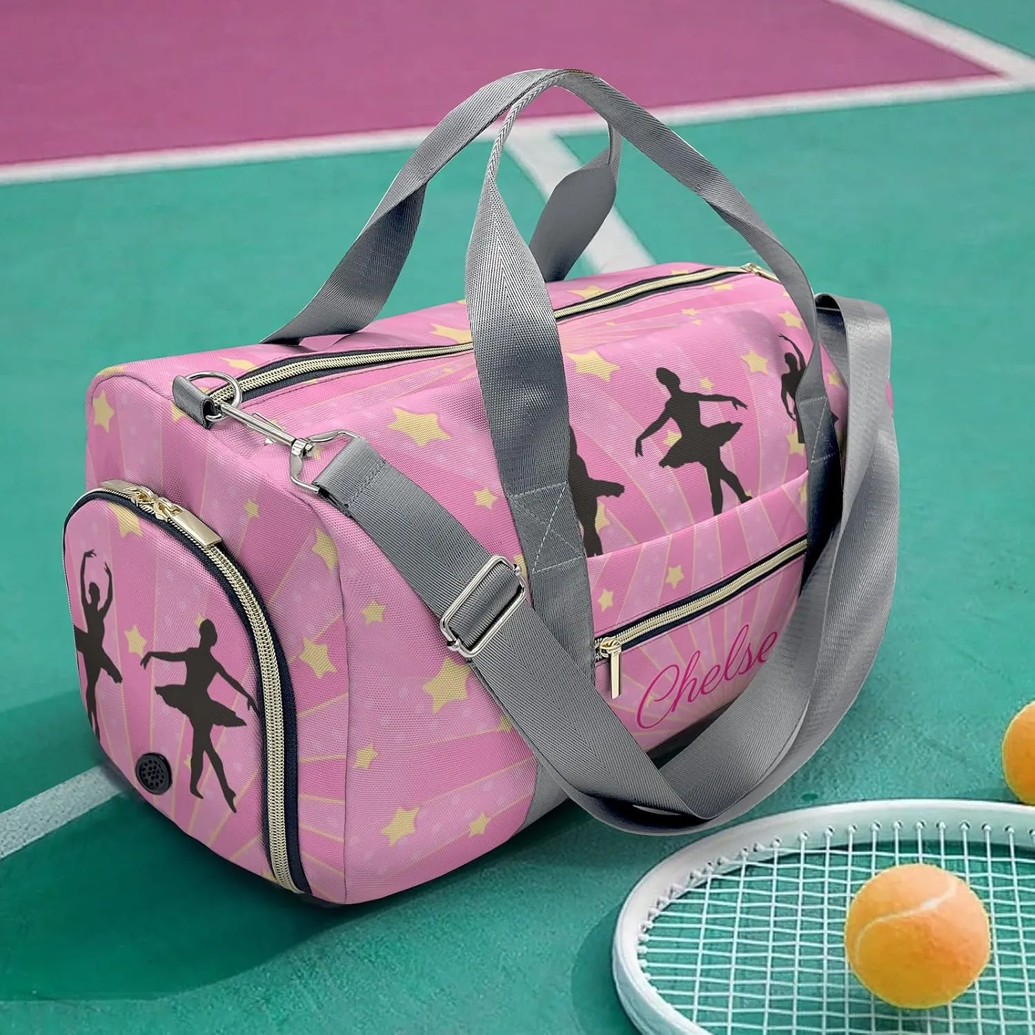 Ballet Girls Pink Yellow Stars Personalized Duffel Bag Custom Name Travel Bag Weekend Overnight Bag with Shoe Compartmen for Women Girl Sports Gym Dance Bag Gymnastic Bags