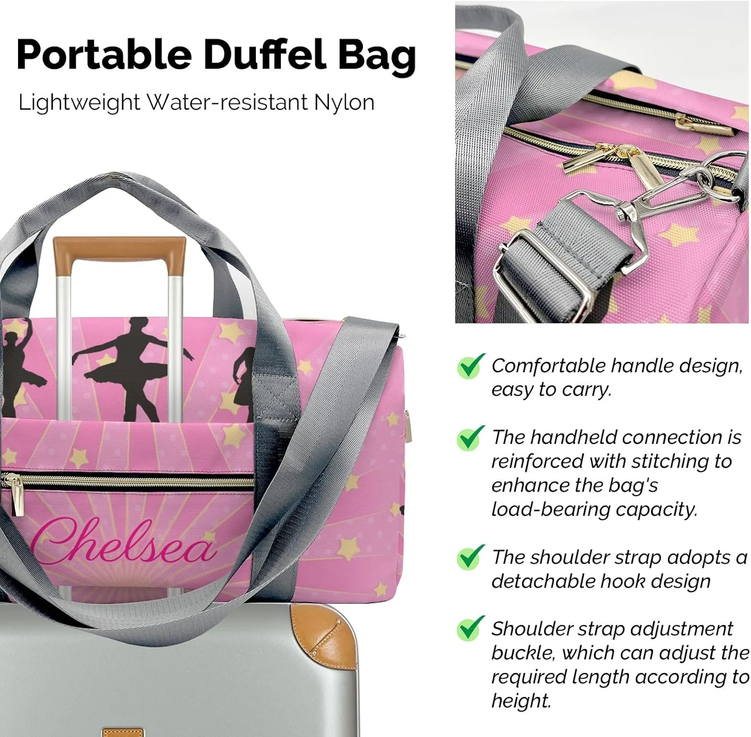 Ballet Girls Pink Yellow Stars Personalized Duffel Bag Custom Name Travel Bag Weekend Overnight Bag with Shoe Compartmen for Women Girl Sports Gym Dance Bag Gymnastic Bags