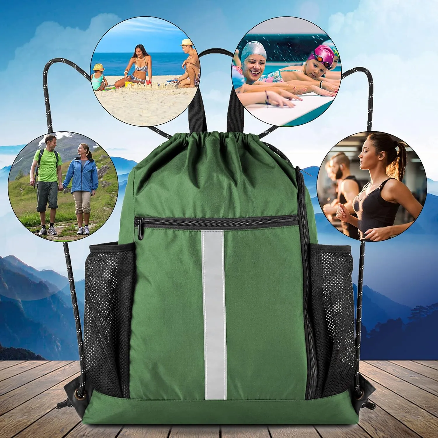 BeeGreen Drawstring Backpack Sports Gym Bag With Shoe Compartment and Two Water Bottle Holder 