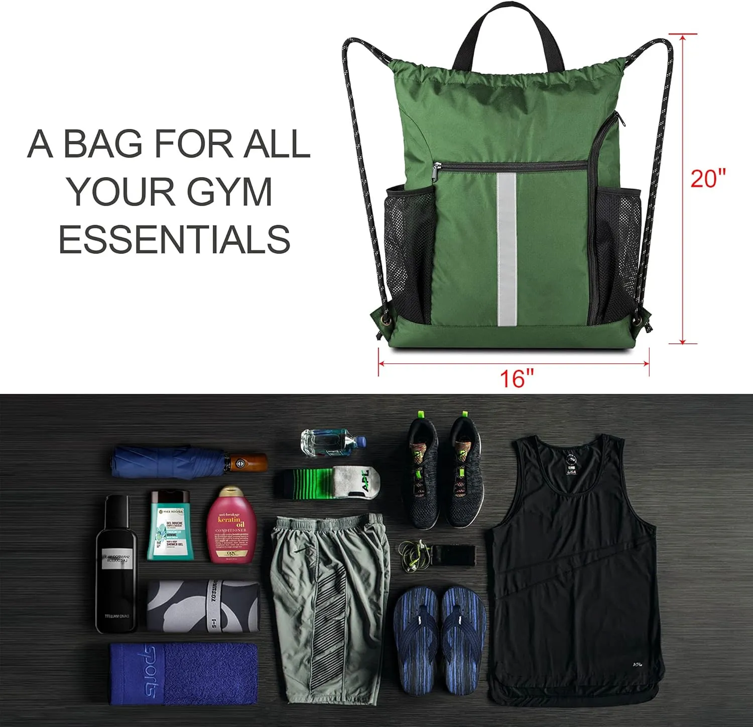 BeeGreen Drawstring Backpack Sports Gym Bag With Shoe Compartment and Two Water Bottle Holder 