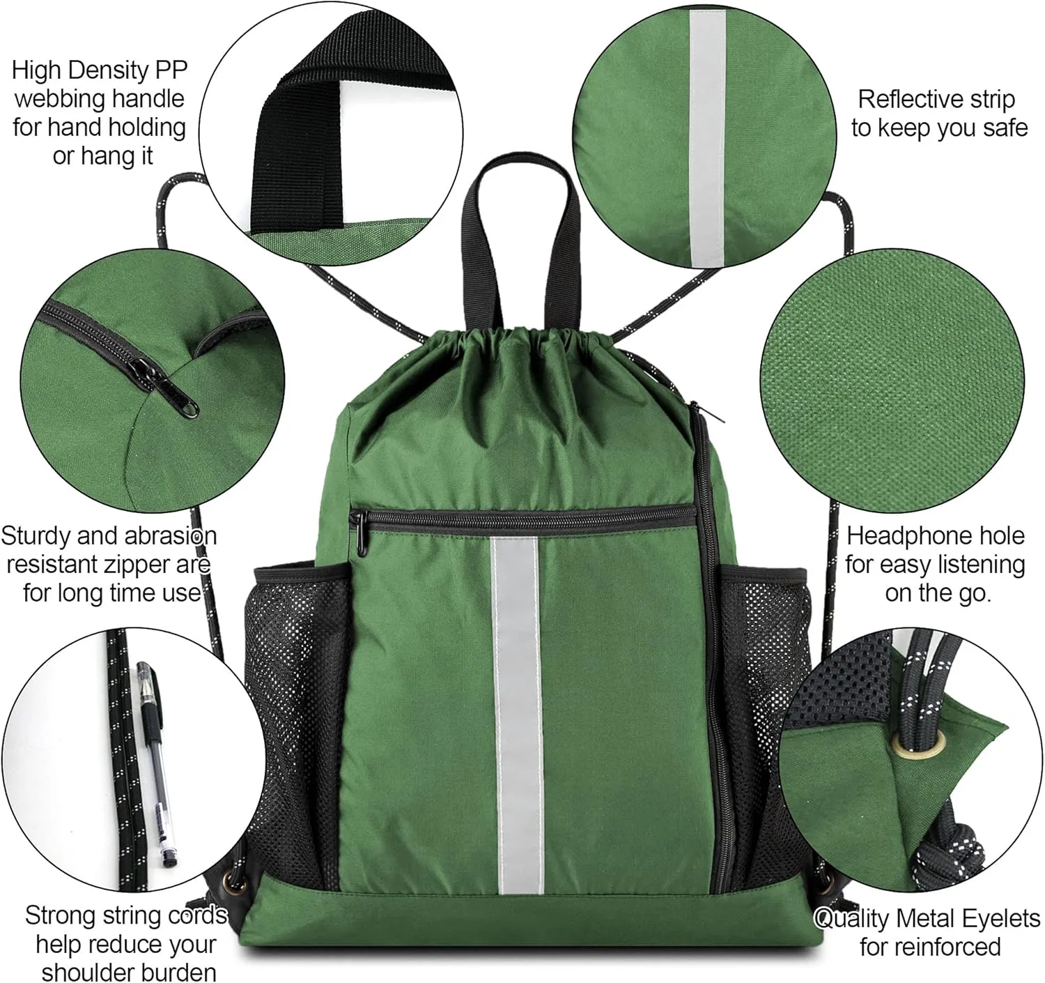 BeeGreen Drawstring Backpack Sports Gym Bag With Shoe Compartment and Two Water Bottle Holder 