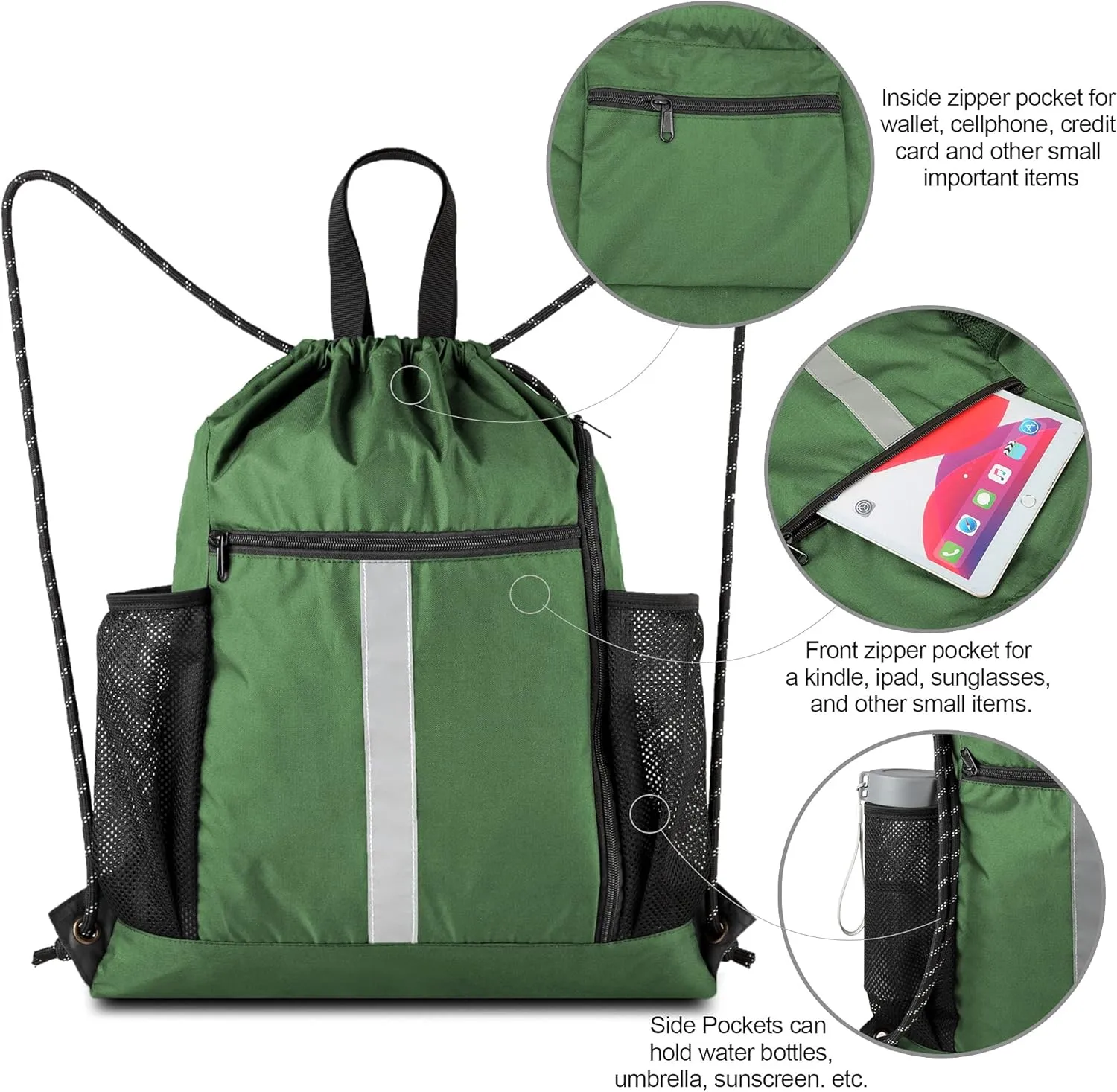 BeeGreen Drawstring Backpack Sports Gym Bag With Shoe Compartment and Two Water Bottle Holder 