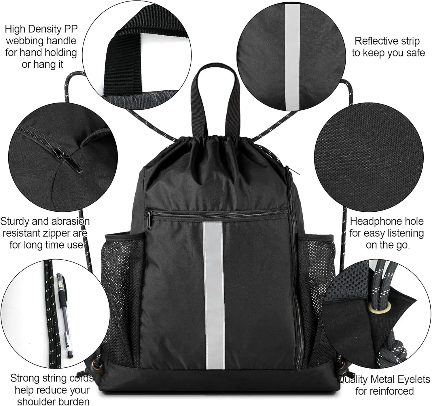 BeeGreen Drawstring Backpack Sports Gym Bag With Shoe Compartment and Two Water Bottle Holder 