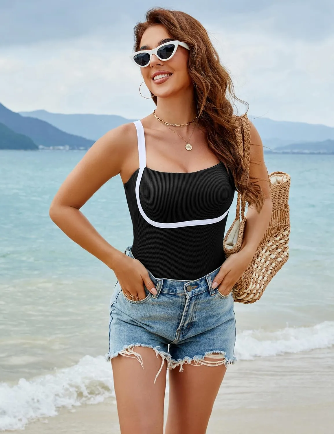 Blooming Jelly Women's One Piece Swimsuit Modest Bathing Suit Color Block Ribbed Swim Suit Slimming Square Neck Swimwear