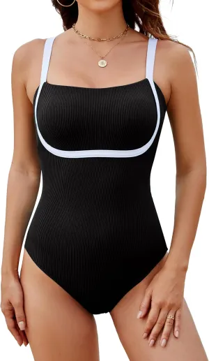 Blooming Jelly Women's One Piece Swimsuit Modest Bathing Suit Color Block Ribbed Swim Suit Slimming Square Neck Swimwear