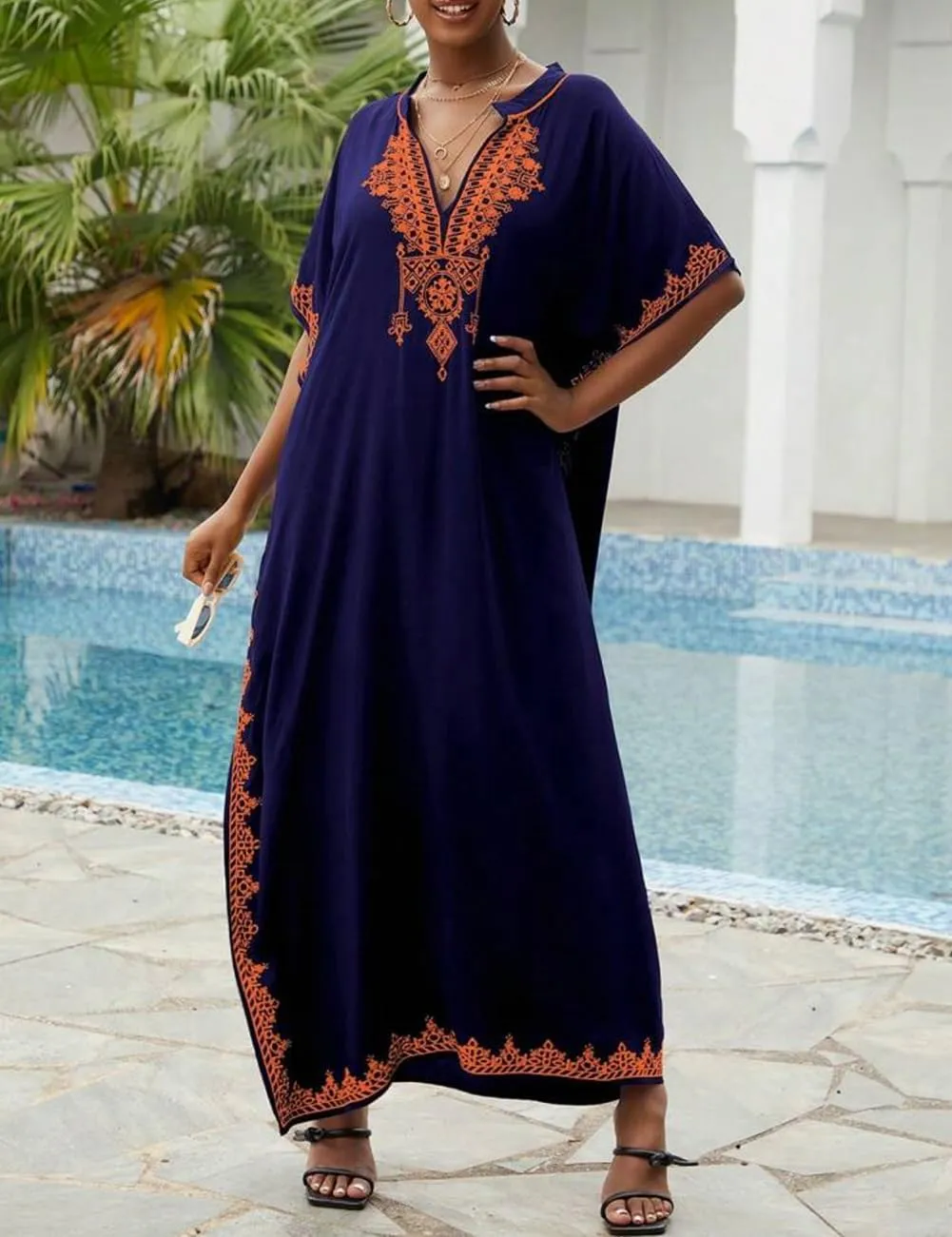 Bsubseach Kaftan Cover Ups for Swimwear Long Caftan Loungewear Gold Embroidery Swimsuit Cover Up Dress
