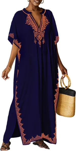Bsubseach Kaftan Cover Ups for Swimwear Long Caftan Loungewear Gold Embroidery Swimsuit Cover Up Dress