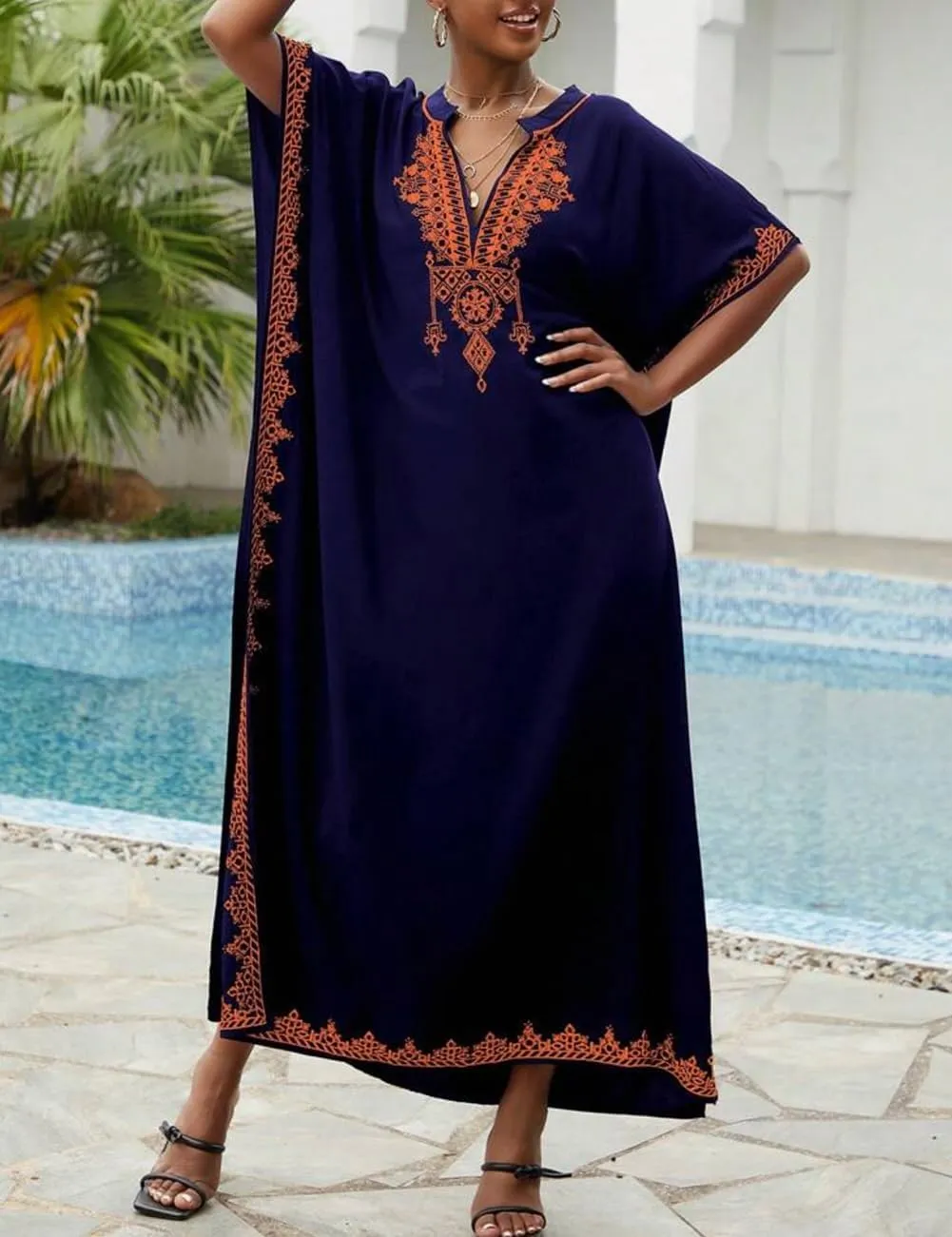 Bsubseach Kaftan Cover Ups for Swimwear Long Caftan Loungewear Gold Embroidery Swimsuit Cover Up Dress