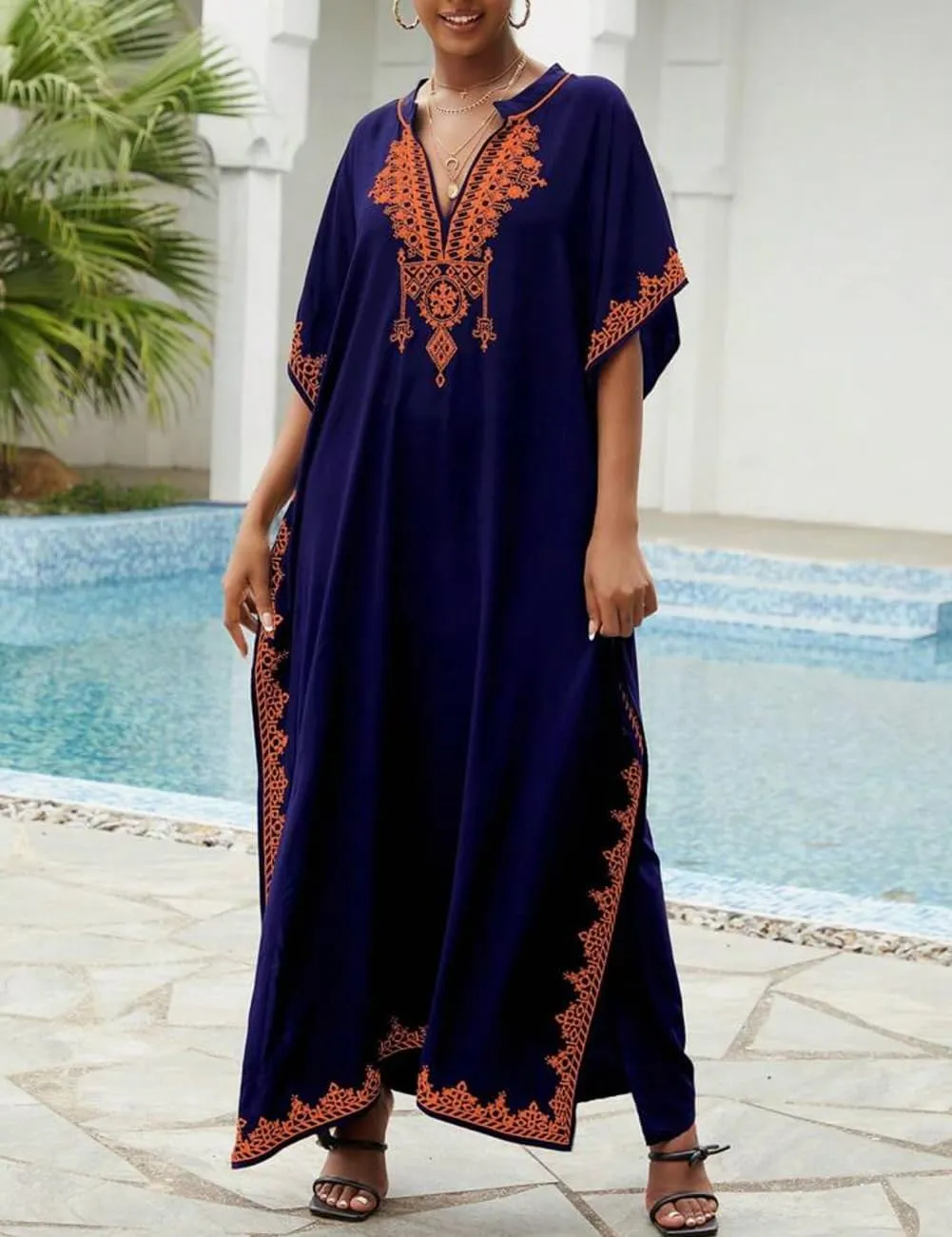Bsubseach Kaftan Cover Ups for Swimwear Long Caftan Loungewear Gold Embroidery Swimsuit Cover Up Dress