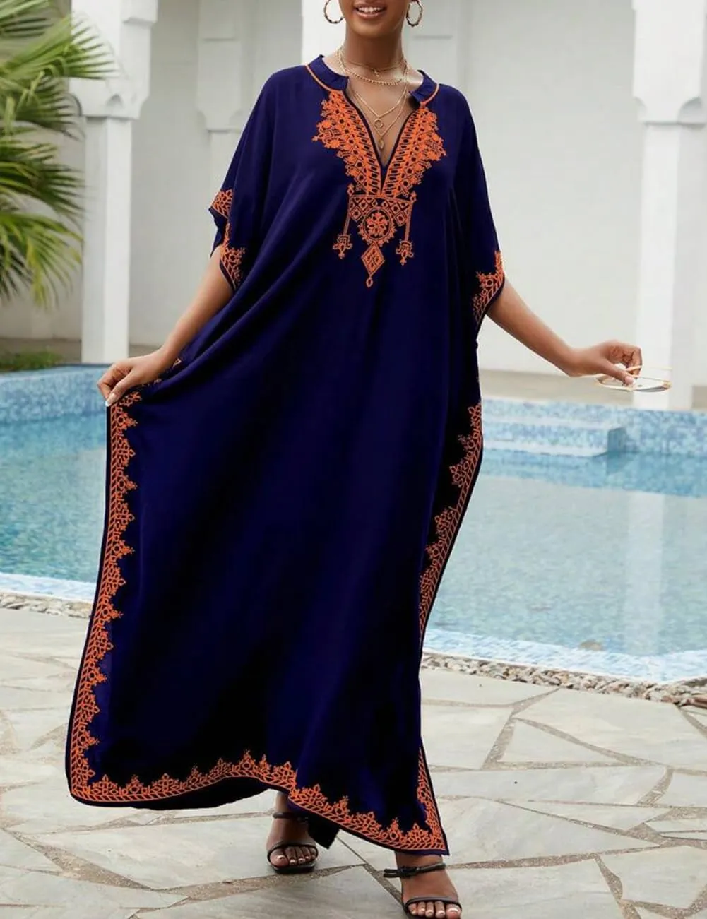Bsubseach Kaftan Cover Ups for Swimwear Long Caftan Loungewear Gold Embroidery Swimsuit Cover Up Dress