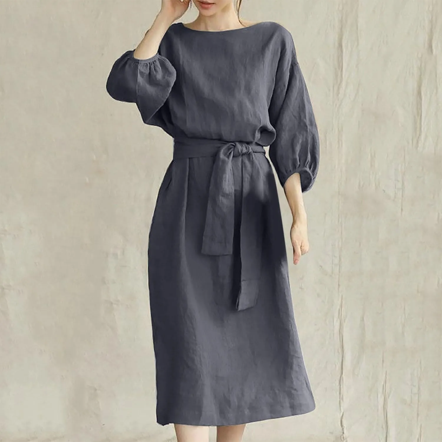 Business Dress for Women Solid Color Tie Waist Knee Length Long Sleeve Dresses Casual Loose Plus Size Office Dress