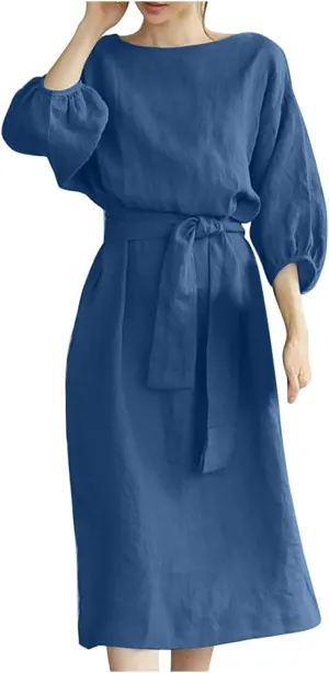 Business Dress for Women Solid Color Tie Waist Knee Length Long Sleeve Dresses Casual Loose Plus Size Office Dress