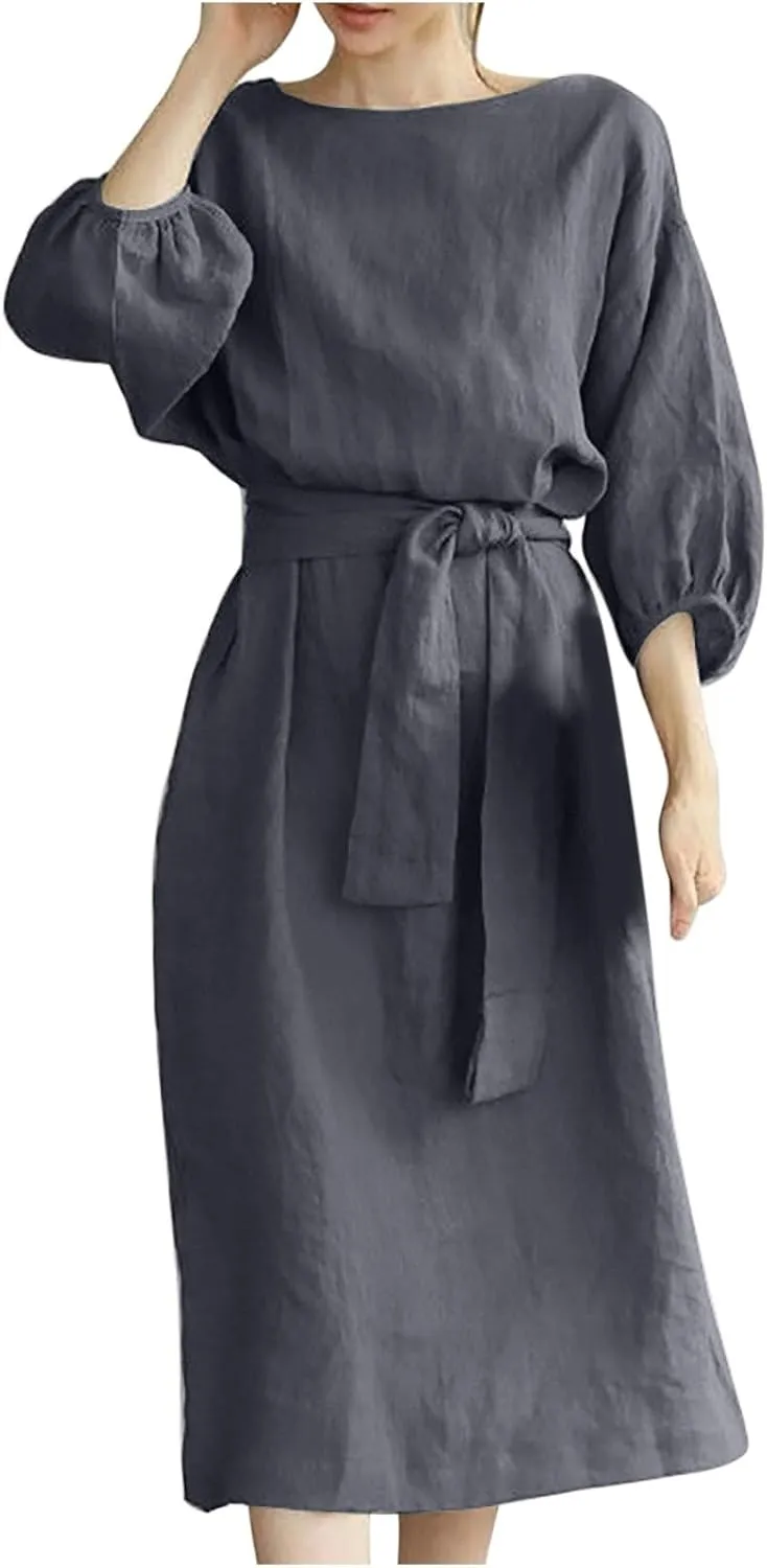 Business Dress for Women Solid Color Tie Waist Knee Length Long Sleeve Dresses Casual Loose Plus Size Office Dress