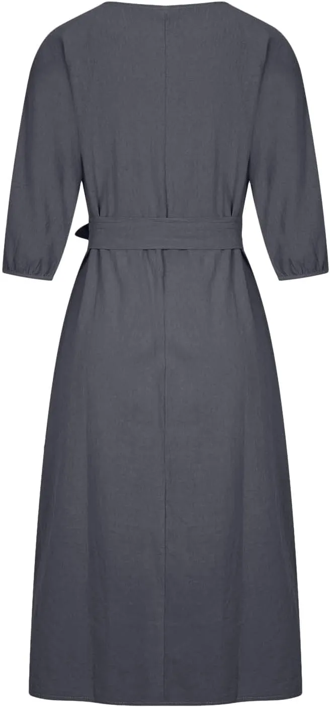 Business Dress for Women Solid Color Tie Waist Knee Length Long Sleeve Dresses Casual Loose Plus Size Office Dress