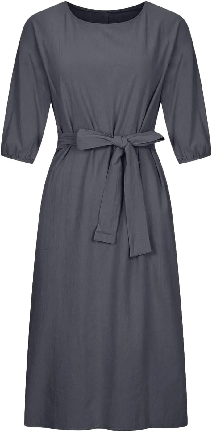 Business Dress for Women Solid Color Tie Waist Knee Length Long Sleeve Dresses Casual Loose Plus Size Office Dress