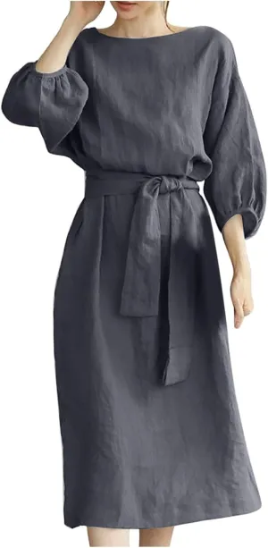 Business Dress for Women Solid Color Tie Waist Knee Length Long Sleeve Dresses Casual Loose Plus Size Office Dress