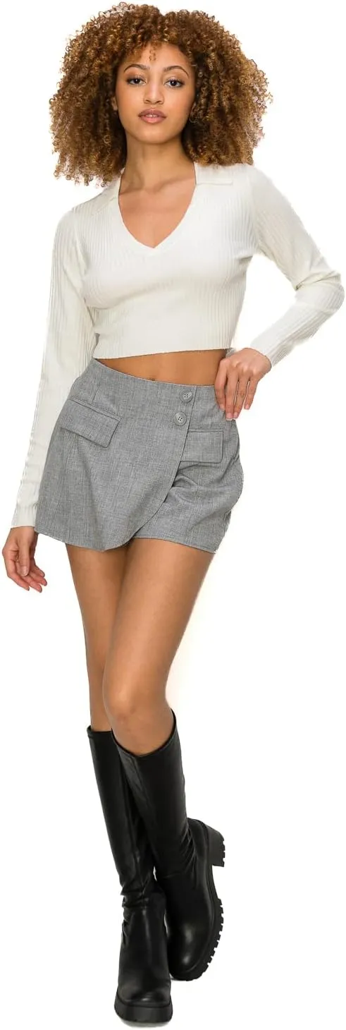 Cali1850 Women's Elastic Waistband with Two Button Design High Waisted Hem Wrap Mini Skort Skirt