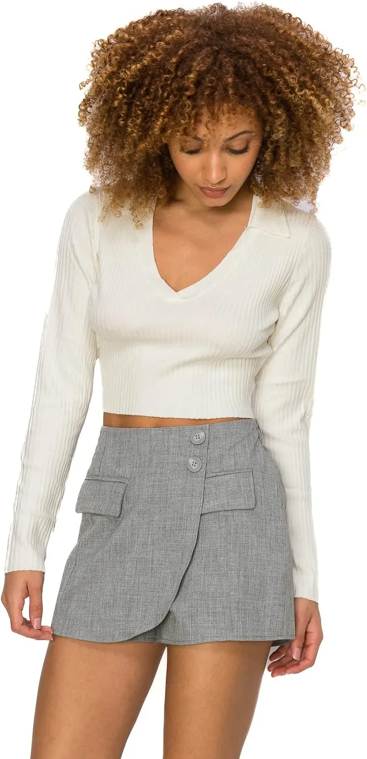 Cali1850 Women's Elastic Waistband with Two Button Design High Waisted Hem Wrap Mini Skort Skirt