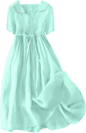 Cotton Linen Dress for Women Plus Size 3/4 Sleeve Lace Up Waist Button Dresses Summer Trendy Plus Size A-Line Dress