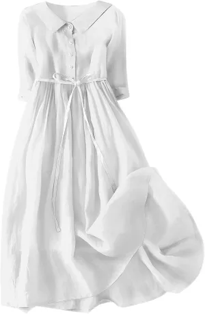Cotton Linen Dress for Women Plus Size 3/4 Sleeve Lace Up Waist Button Dresses Summer Trendy Plus Size A-Line Dress
