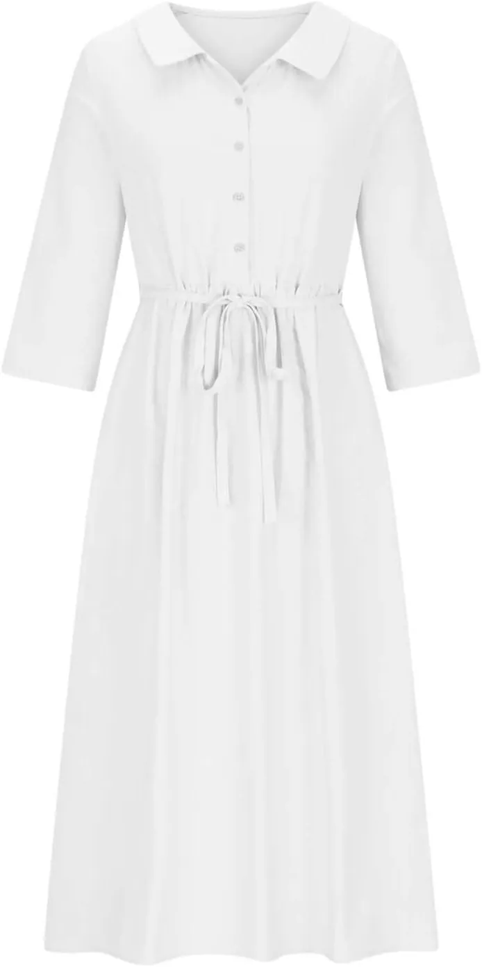 Cotton Linen Dress for Women Plus Size 3/4 Sleeve Lace Up Waist Button Dresses Summer Trendy Plus Size A-Line Dress