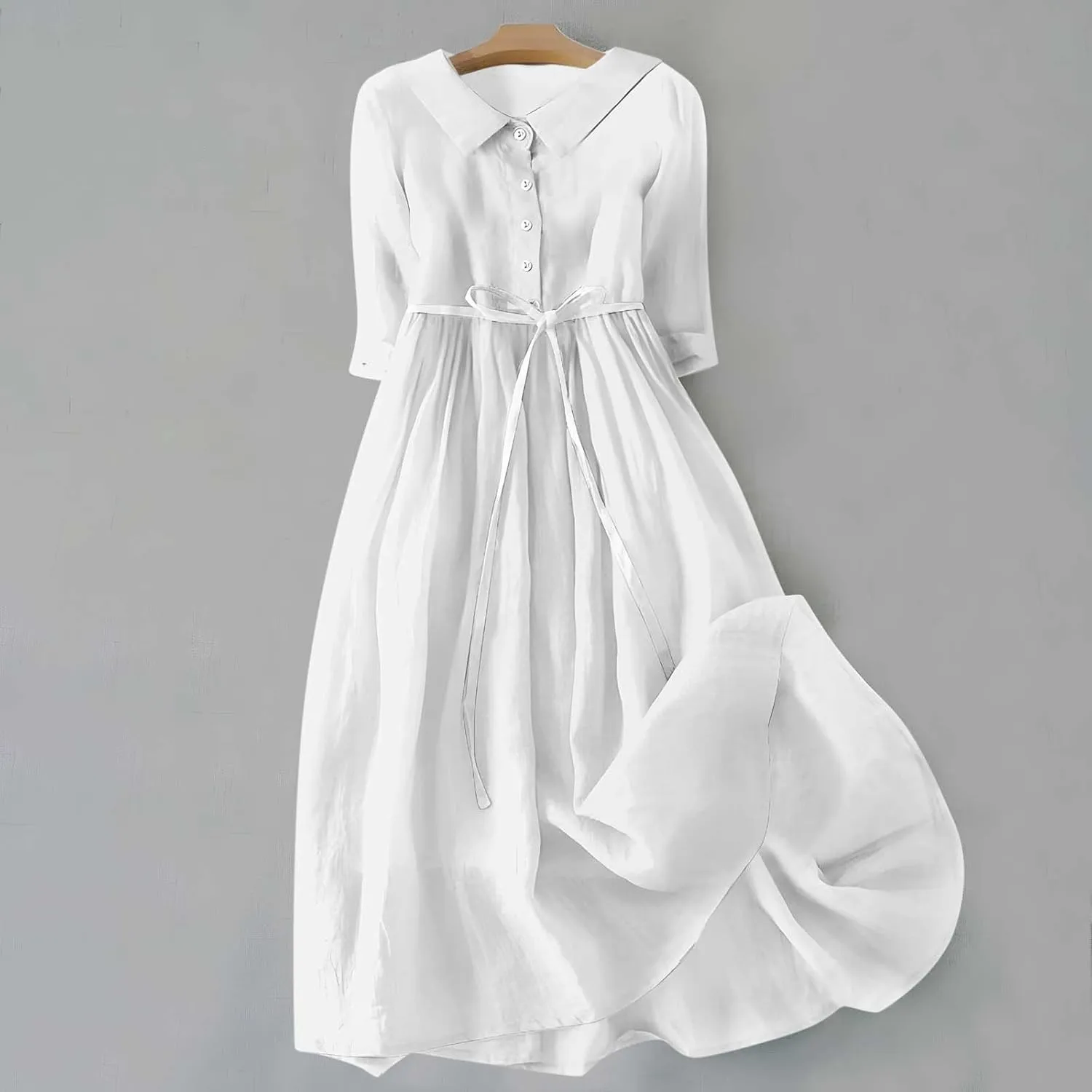 Cotton Linen Dress for Women Plus Size 3/4 Sleeve Lace Up Waist Button Dresses Summer Trendy Plus Size A-Line Dress