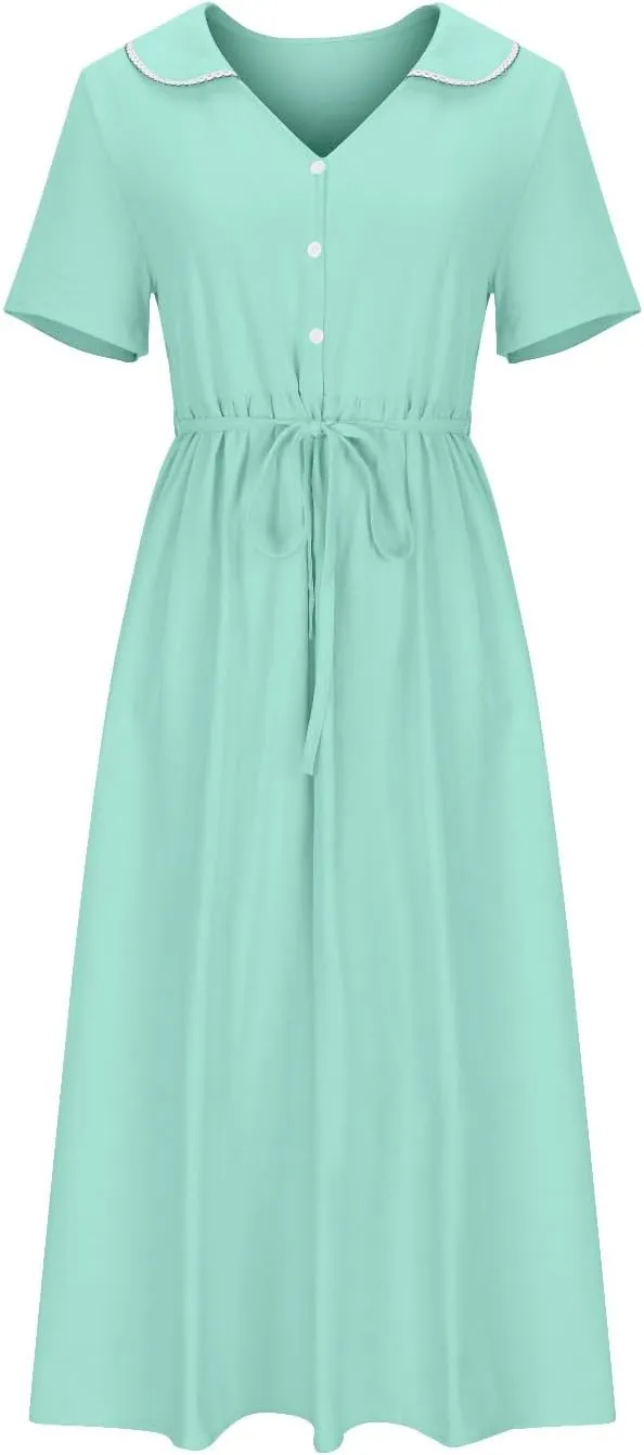 Cotton Linen Dress for Women Plus Size 3/4 Sleeve Lace Up Waist Button Dresses Summer Trendy Plus Size A-Line Dress