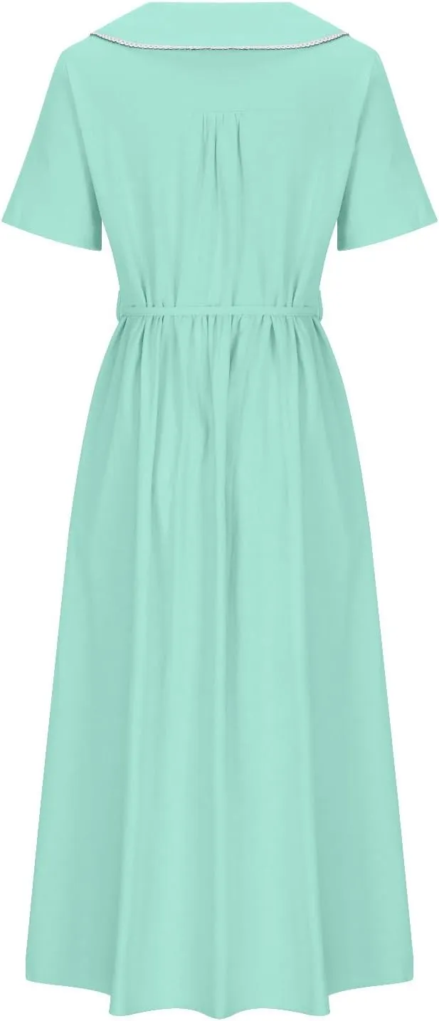 Cotton Linen Dress for Women Plus Size 3/4 Sleeve Lace Up Waist Button Dresses Summer Trendy Plus Size A-Line Dress