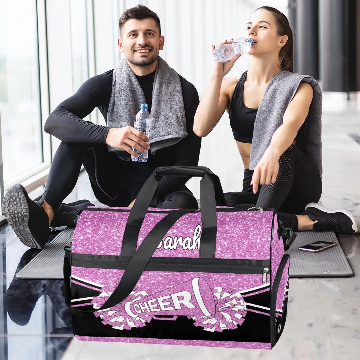 Custom Cheerleader Bag Personalized Cheer Bags with Name Dance Bag for Girls Gymnastics Bag with Shoes Compartment Glitter Light Pink